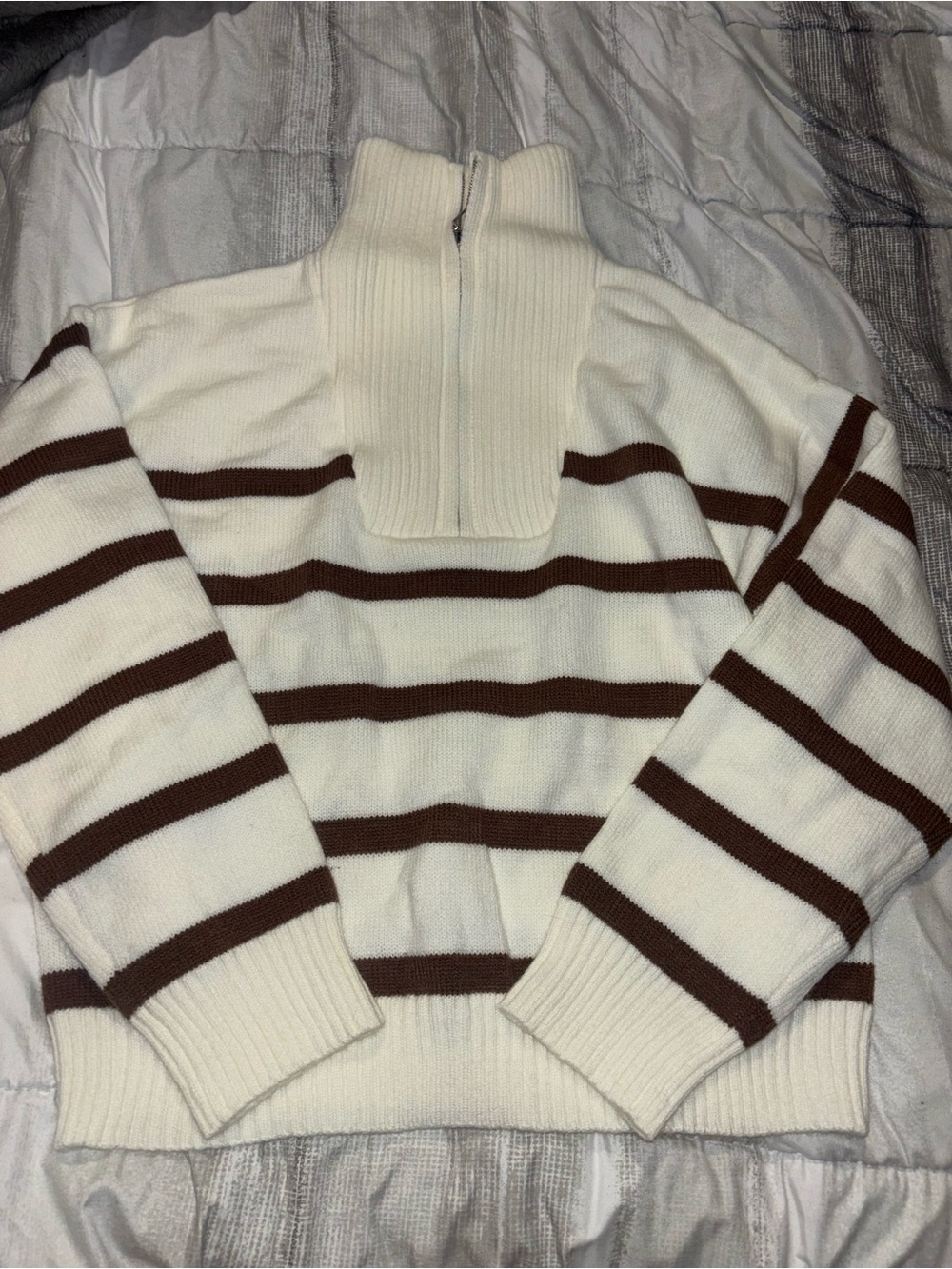 Woman’s Cream & Brown Striped Half-Zip Sweater